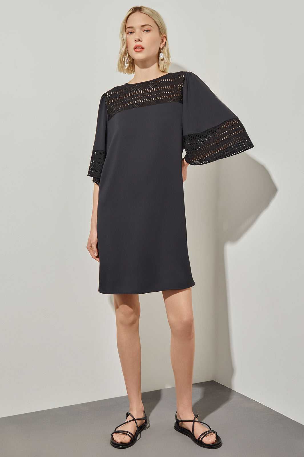 Above-the-Knee Shift Dress - Bell Sleeve Mixed-Media