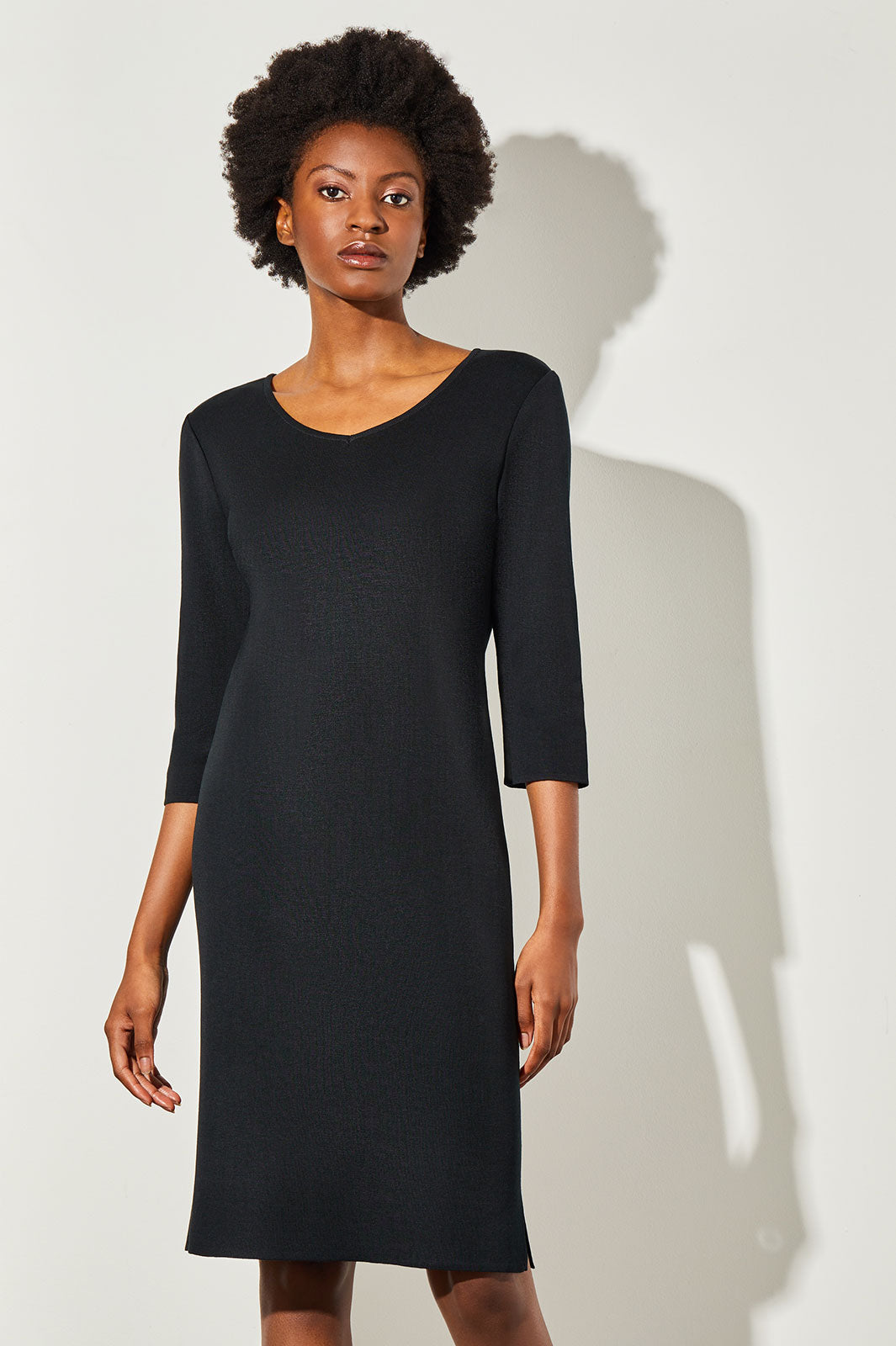 3/4 Sleeve V-Neck Knit Dress, Black