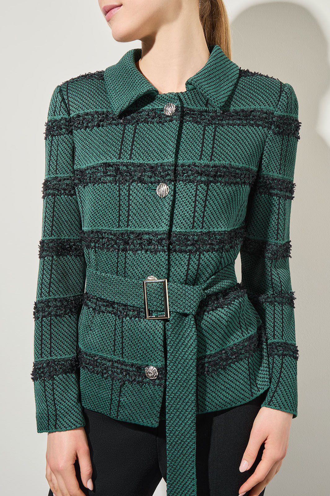 Belted Button-Front Stripe Tweed Jacket | Ming Wang