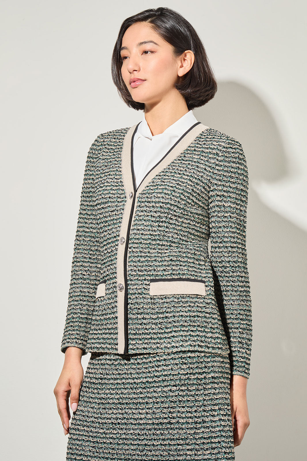 Ming Wang Contrast Trim Tweed Jacket Green Tweed