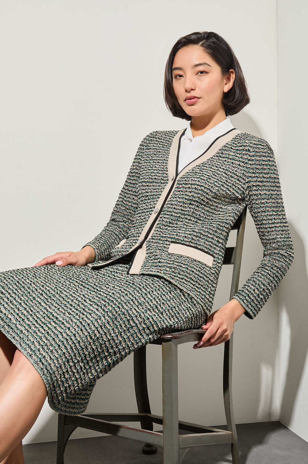 Tailored Contrast Trim Tweed Knit Jacket | Ming Wang