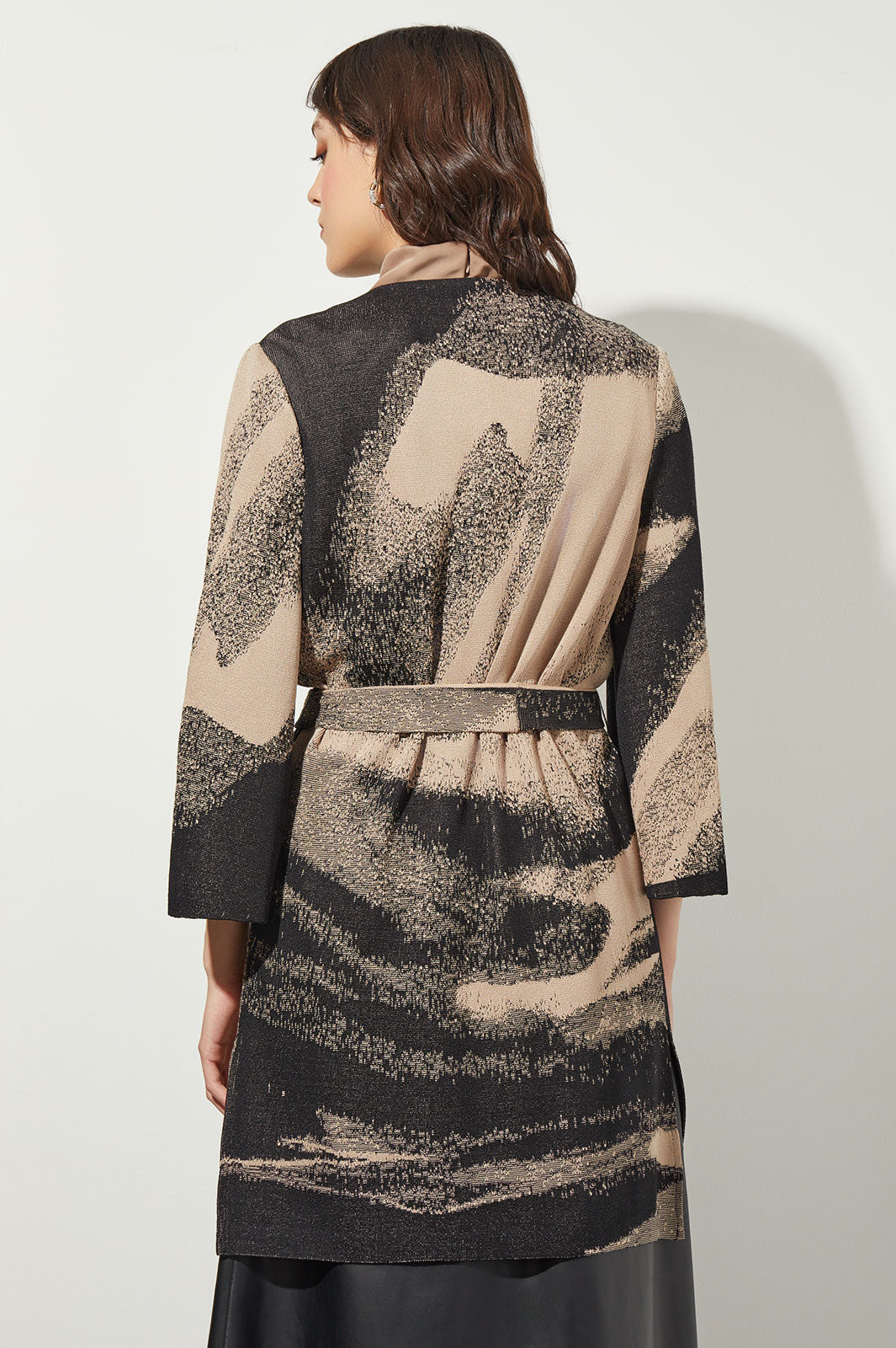 Abstract Belted Long Soft Knit Jacket
