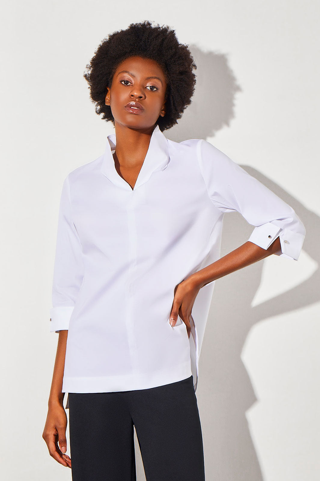 Plus Size Cuff Sleeve High-Low Cotton Blouse