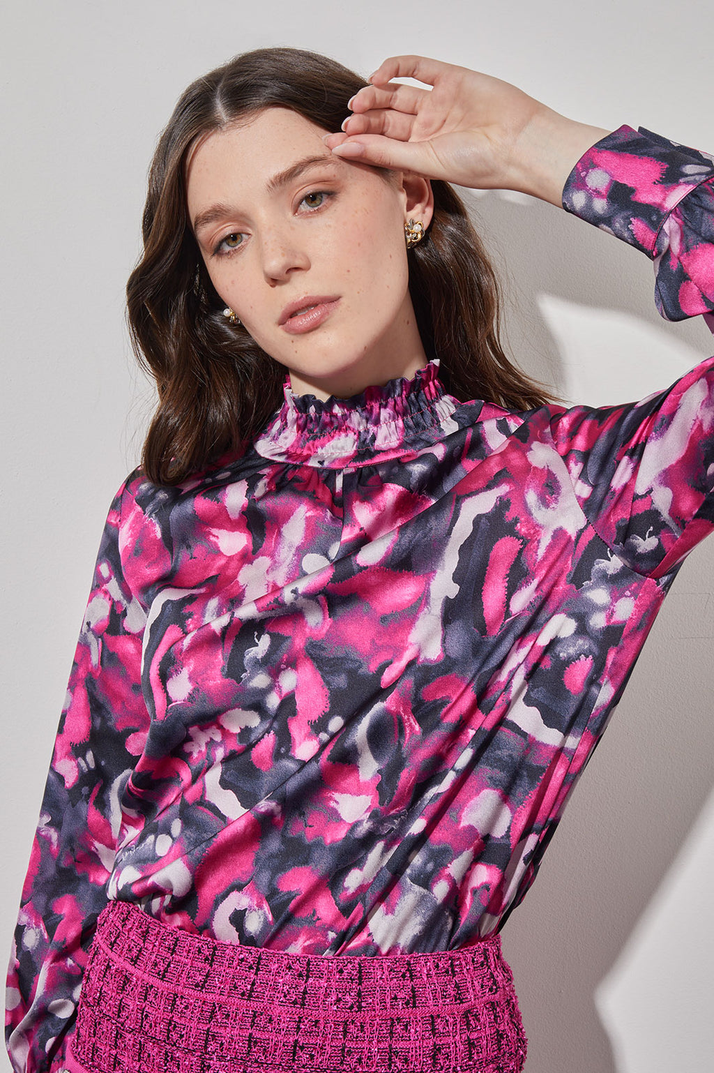 Gathered Neck Blouse - Abstract Print Crepe de Chine