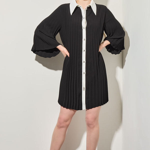 Mini Pleated Shift Dress - Contrast Trim Crepe de Chine | Ming Wang