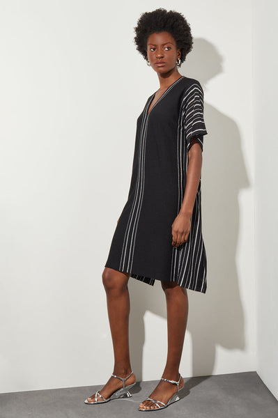 Plus Size Knee Length Shift Dress - V-Neck Stripe Soft Knit