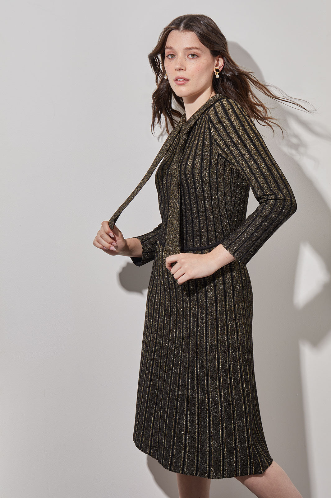 Black Sheer Knit Stripe Midi Dress