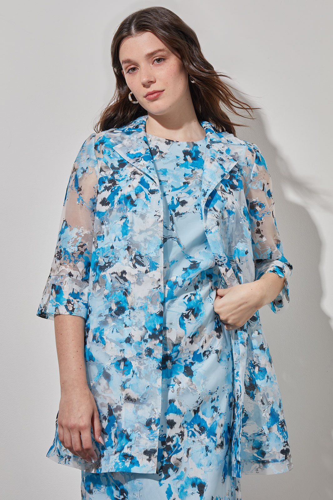 Plus Size Open Front Jacket - Sheer Floral Woven