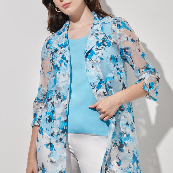 Plus Size Open Front Jacket - Sheer Floral Woven