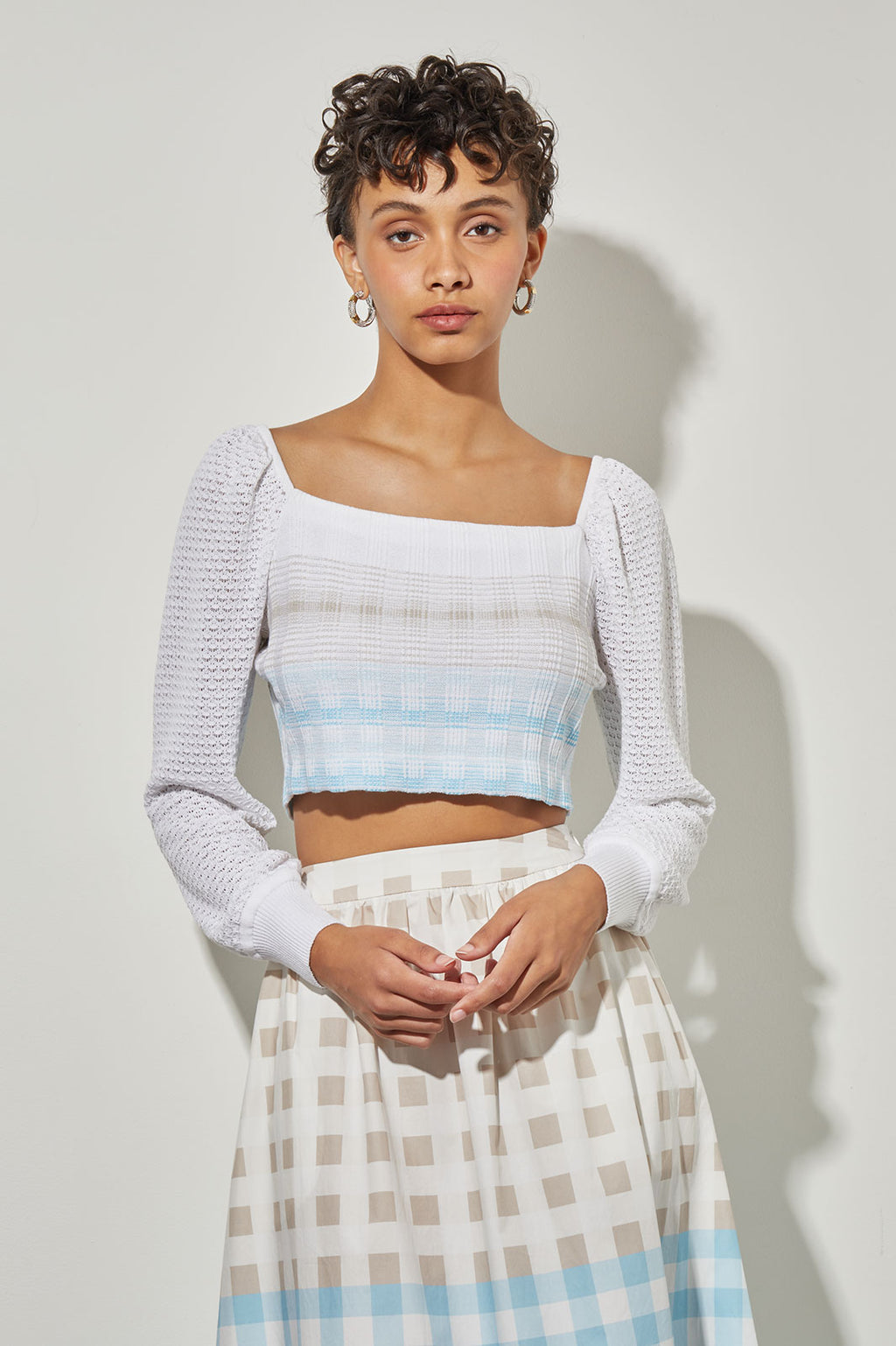 Bishop Sleeve Cropped Top - Textured Soft Knit