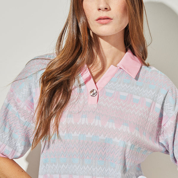 Shirt Collar Tunic - Puff Sleeve Mixed Media Knit | Ming Wang