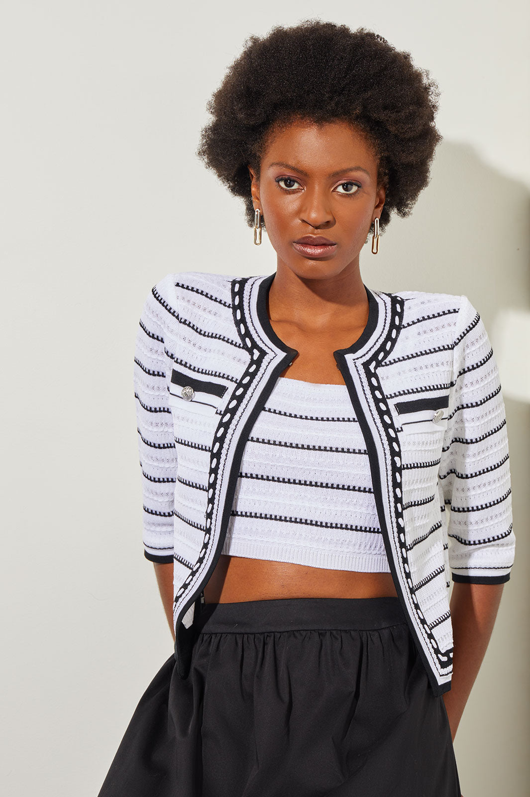 Cropped Jacket - Contrast Trim Striped Knit | Ming Wang